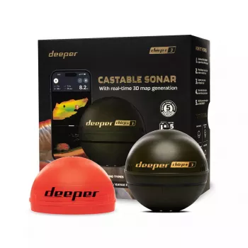 Nešiojamasis echolotas deeper Smart Sonar CHIRP+3 Wi‑Fi — metamas belaidis sonaras, maks. gylis 100 m, kūgio kampai 47°/20°/7°, Wi‑Fi, GPS/GLONASS