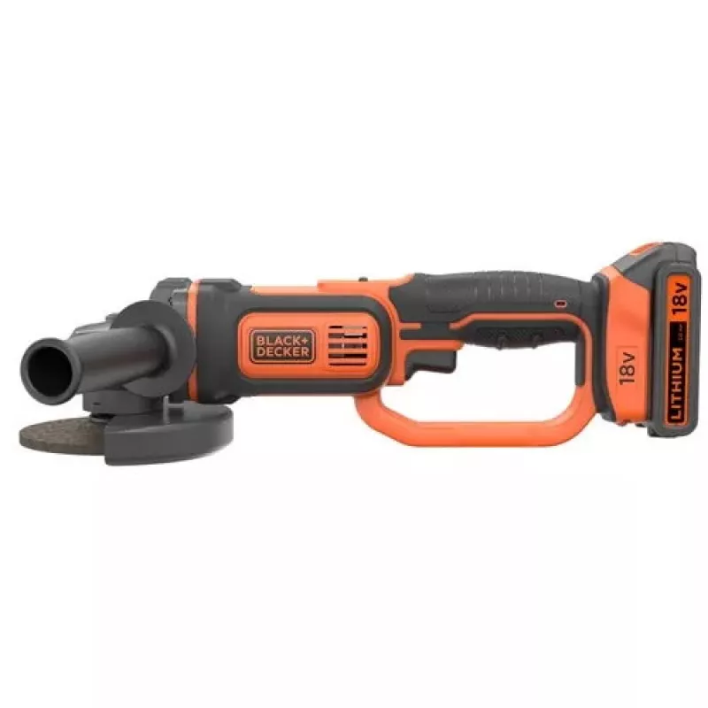 Kampinis šlifuoklis Juoda & Decker BCG720N — belaidis 18V Li-Ion, 12,5 cm diskas, iki 8600 aps./min., 3 rankenos padėtys