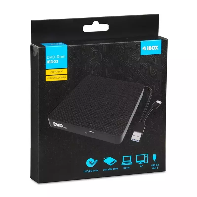 Optical Disc Drive IBOX IED03 DVD±RW USB 3.1 Gen1 (USB-C) Juodas, dėklas, 24x CD / 8x DVD