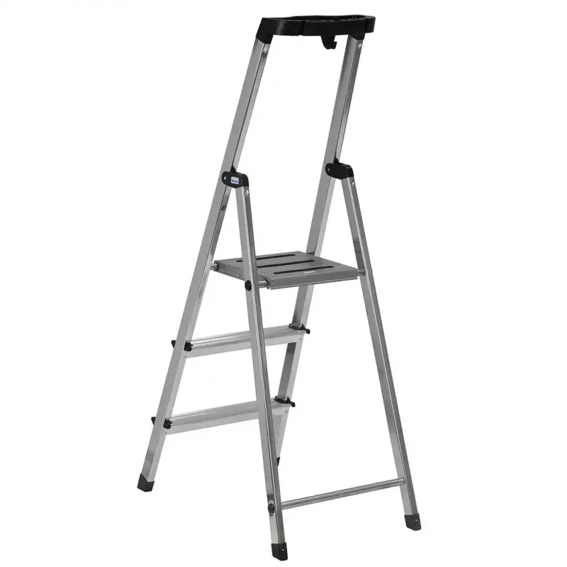 Sulankstomos kopėčios Krause 126313 — aliuminės 3 pakopų kopėčios, maks. aukštis 140 cm, apkrova 150 kg, neslystančios pakopos ir kojelės
