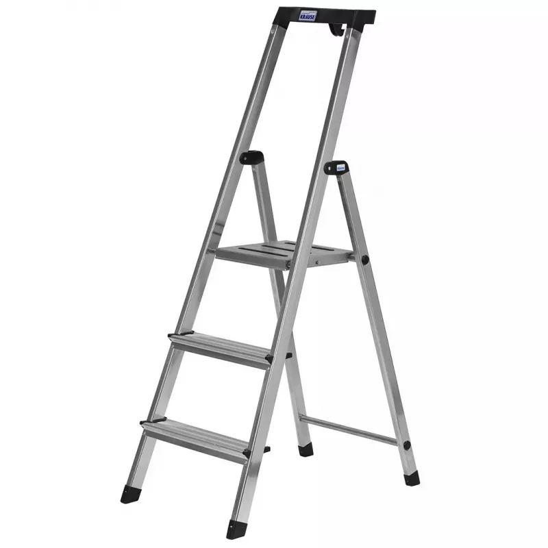 Sulankstomos kopėčios Krause 126313 — aliuminės 3 pakopų kopėčios, maks. aukštis 140 cm, apkrova 150 kg, neslystančios pakopos ir kojelės