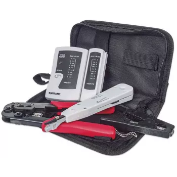 “tinklo Tool Kit” INTELLINET 4 dalių — vienoje komplektacijoje: presavimo įrankis, įrankis laidams įspausti, tinklo kabelio testeris, juodos spalvos