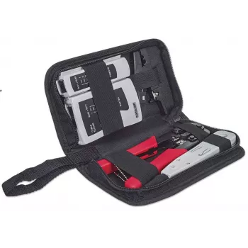 “tinklo Tool Kit” INTELLINET 4 dalių — vienoje komplektacijoje: presavimo įrankis, įrankis laidams įspausti, tinklo kabelio testeris, juodos spalvos
