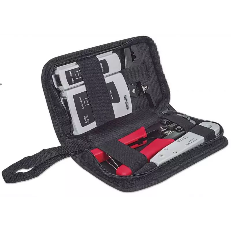 “tinklo Tool Kit” INTELLINET 4 dalių — vienoje komplektacijoje: presavimo įrankis, įrankis laidams įspausti, tinklo kabelio testeris, juodos spalvos
