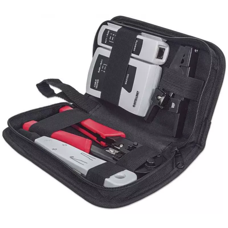 “tinklo Tool Kit” INTELLINET 4 dalių — vienoje komplektacijoje: presavimo įrankis, įrankis laidams įspausti, tinklo kabelio testeris, juodos spalvos