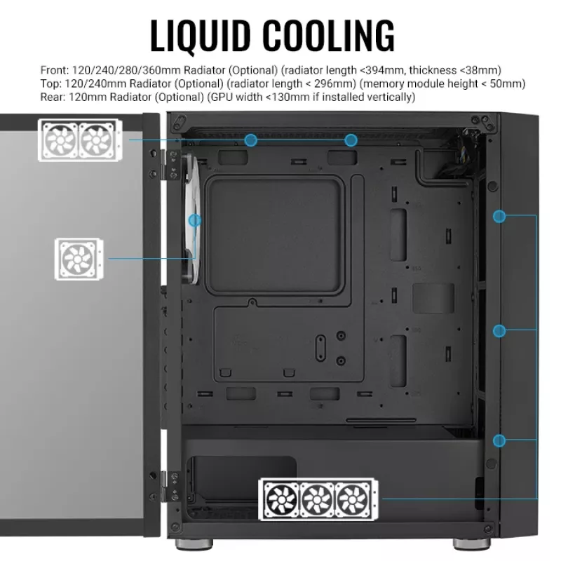 PC Midi Tower korpusas AEROCOOL Graphite‑G‑BK‑v2 — juodas, ATX/Micro‑ATX/Mini‑ITX, priekyje 2×140 mm+gale 1×140 mm