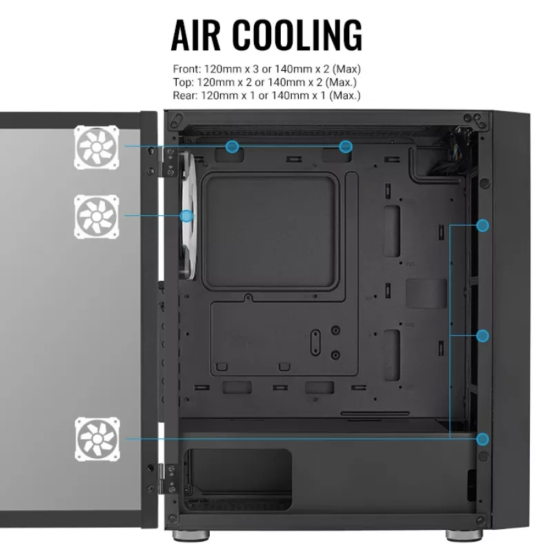 PC Midi Tower korpusas AEROCOOL Graphite‑G‑BK‑v2 — juodas, ATX/Micro‑ATX/Mini‑ITX, priekyje 2×140 mm+gale 1×140 mm