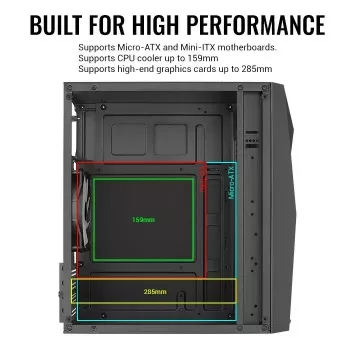 PC korpusas AEROCOOL Raider Mini G V3 Mini-ITX / microATX, juodas, šoninis langas, žalias LED, maks. GPU 285 mm, CPU aušintuvas 159 mm