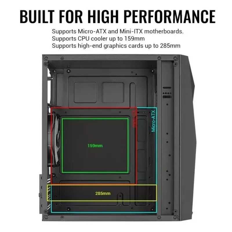 PC korpusas AEROCOOL Raider Mini G V3 Mini-ITX / microATX, juodas, šoninis langas, žalias LED, maks. GPU 285 mm, CPU aušintuvas 159 mm