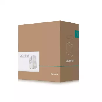 PC korpusas DeepCool CH360 micro ATX baltas — grūdintas stiklas, 2x140 mm priekiniai ventiliatoriai, USB-C, palaiko GPU iki 320 mm