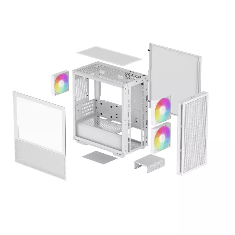 PC korpusas DeepCool CH360 micro ATX baltas — grūdintas stiklas, 2x140 mm priekiniai ventiliatoriai, USB-C, palaiko GPU iki 320 mm