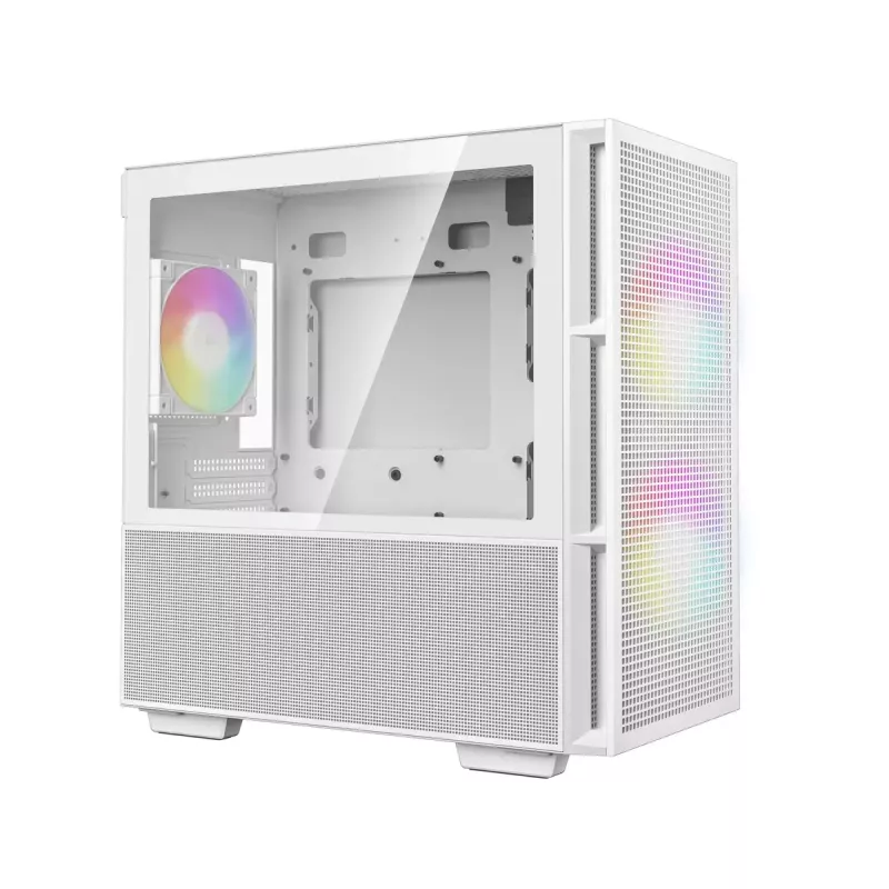 PC korpusas DeepCool CH360 micro ATX baltas — grūdintas stiklas, 2x140 mm priekiniai ventiliatoriai, USB-C, palaiko GPU iki 320 mm
