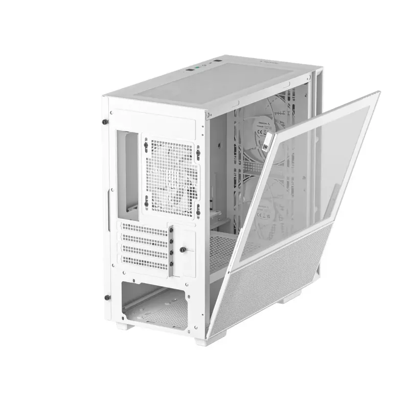 PC korpusas DeepCool CH360 micro ATX baltas — grūdintas stiklas, 2x140 mm priekiniai ventiliatoriai, USB-C, palaiko GPU iki 320 mm