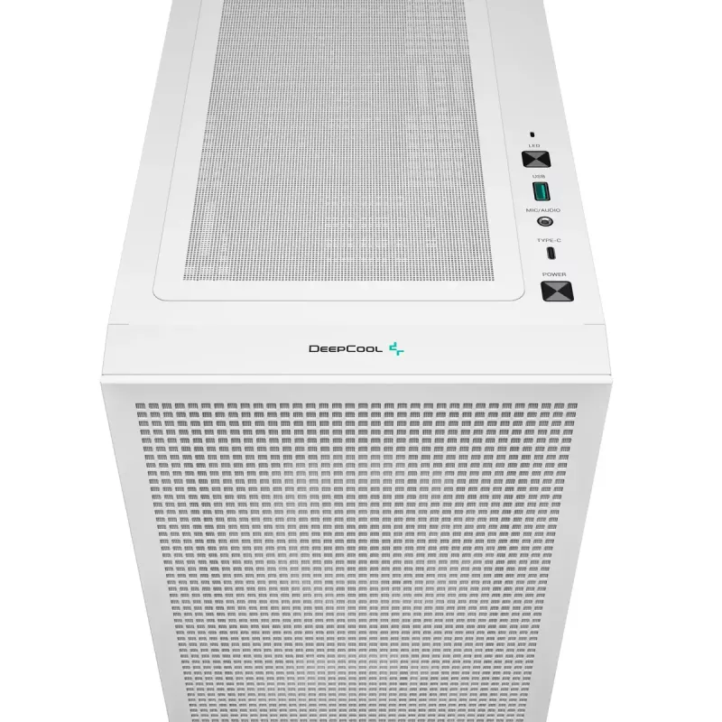 PC korpusas DeepCool CH360 micro ATX baltas — grūdintas stiklas, 2x140 mm priekiniai ventiliatoriai, USB-C, palaiko GPU iki 320 mm