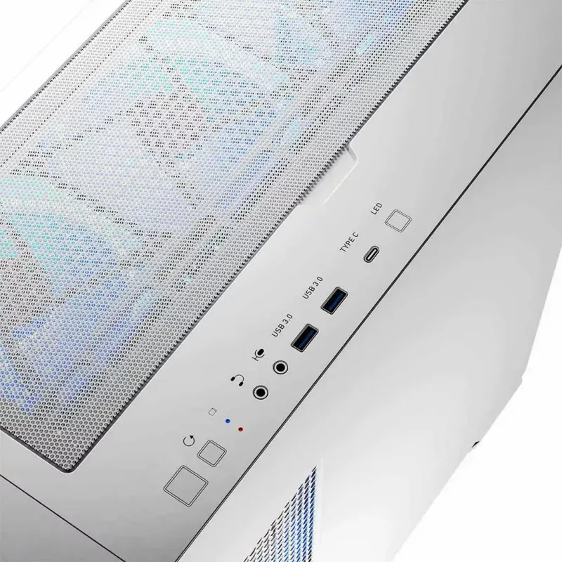 PC Case MODECOM HORIZON FLOW MIDI White — Midi-Tower, ARGB, Grūdintas stiklas, micro ATX, USB-C, 3x140mm priekyje, 1x140mm gale, GPU iki 400 mm, CPU aušintuvo aukštis 172 mm