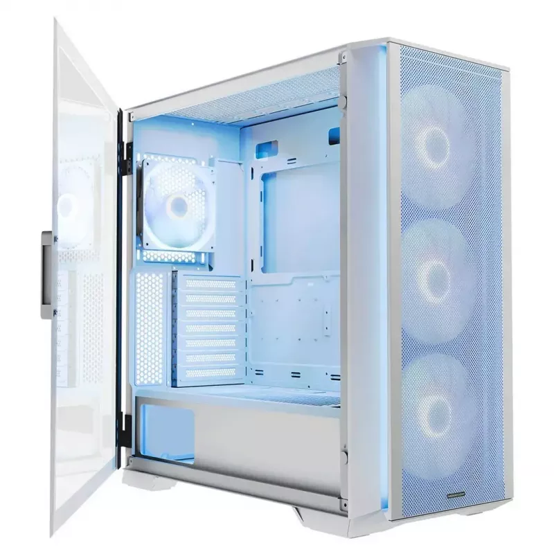PC Case MODECOM HORIZON FLOW MIDI White — Midi-Tower, ARGB, Grūdintas stiklas, micro ATX, USB-C, 3x140mm priekyje, 1x140mm gale, GPU iki 400 mm, CPU aušintuvo aukštis 172 mm
