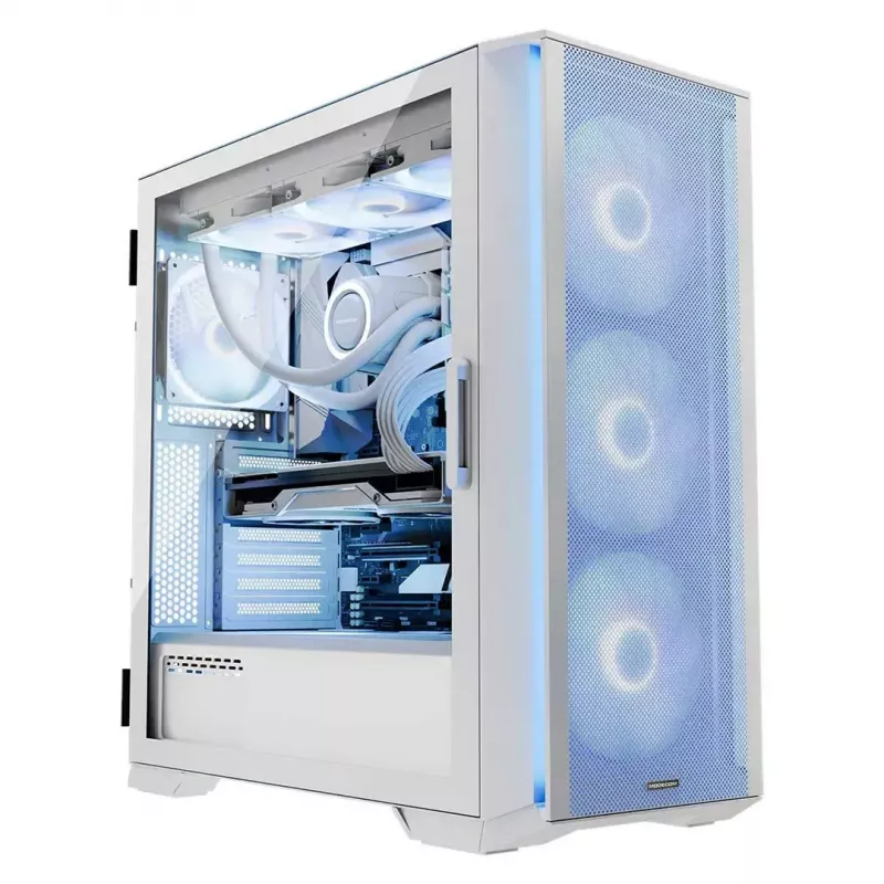 PC Case MODECOM HORIZON FLOW MIDI White — Midi-Tower, ARGB, Grūdintas stiklas, micro ATX, USB-C, 3x140mm priekyje, 1x140mm gale, GPU iki 400 mm, CPU aušintuvo aukštis 172 mm
