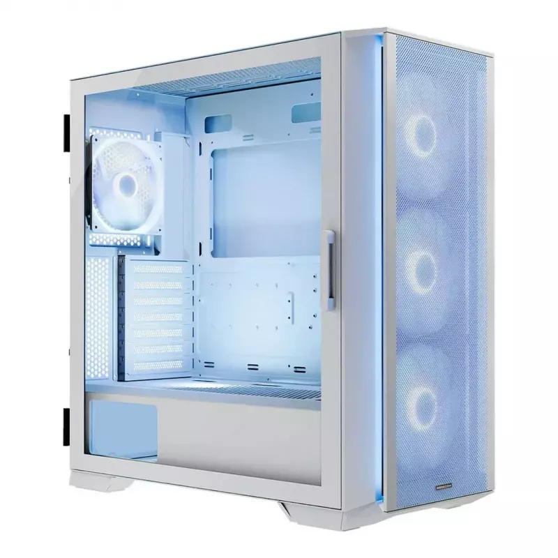 PC Case MODECOM HORIZON FLOW MIDI White — Midi-Tower, ARGB, Grūdintas stiklas, micro ATX, USB-C, 3x140mm priekyje, 1x140mm gale, GPU iki 400 mm, CPU aušintuvo aukštis 172 mm