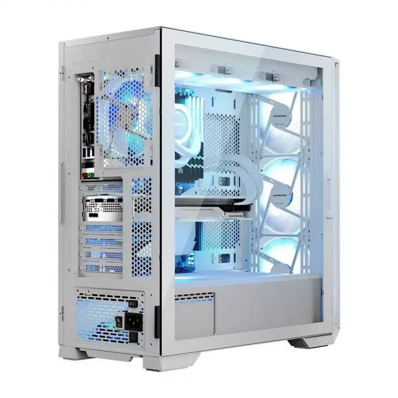 PC Case MODECOM HORIZON FLOW MIDI White — Midi-Tower, ARGB, Grūdintas stiklas, micro ATX, USB-C, 3x140mm priekyje, 1x140mm gale, GPU iki 400 mm, CPU aušintuvo aukštis 172 mm