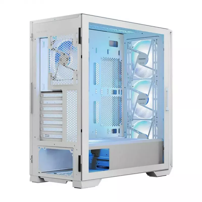 PC Case MODECOM HORIZON FLOW MIDI White — Midi-Tower, ARGB, Grūdintas stiklas, micro ATX, USB-C, 3x140mm priekyje, 1x140mm gale, GPU iki 400 mm, CPU aušintuvo aukštis 172 mm