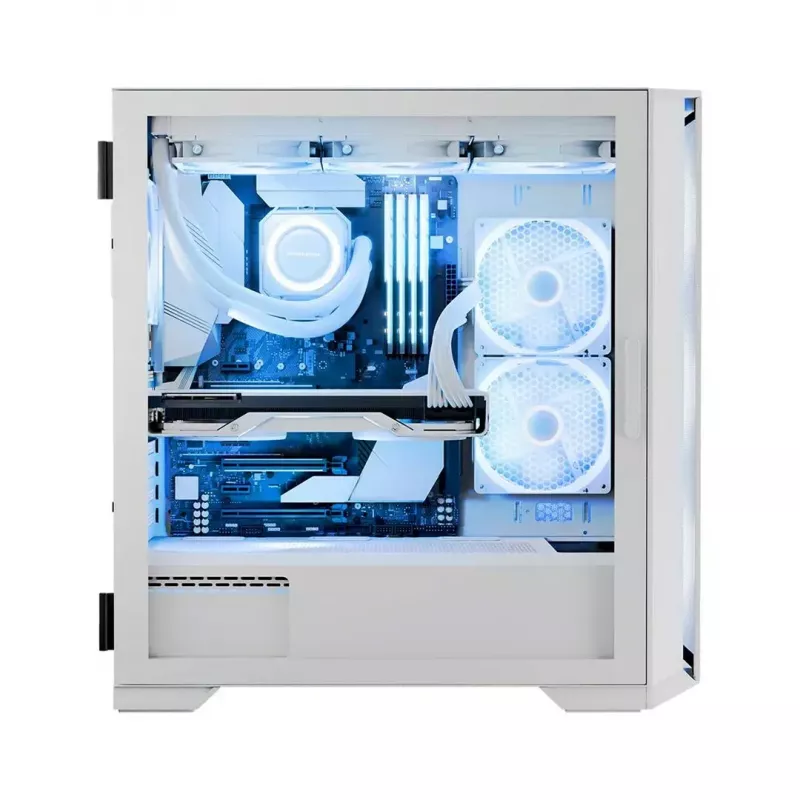 PC Case MODECOM HORIZON FLOW MIDI White — Midi-Tower, ARGB, Grūdintas stiklas, micro ATX, USB-C, 3x140mm priekyje, 1x140mm gale, GPU iki 400 mm, CPU aušintuvo aukštis 172 mm