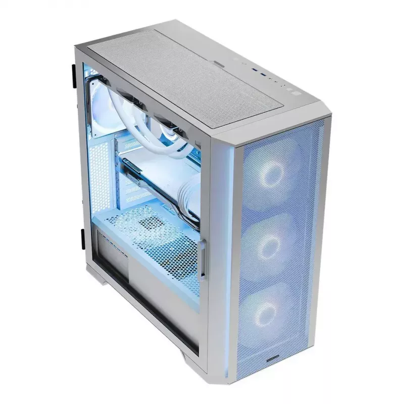 PC Case MODECOM HORIZON FLOW MIDI White — Midi-Tower, ARGB, Grūdintas stiklas, micro ATX, USB-C, 3x140mm priekyje, 1x140mm gale, GPU iki 400 mm, CPU aušintuvo aukštis 172 mm