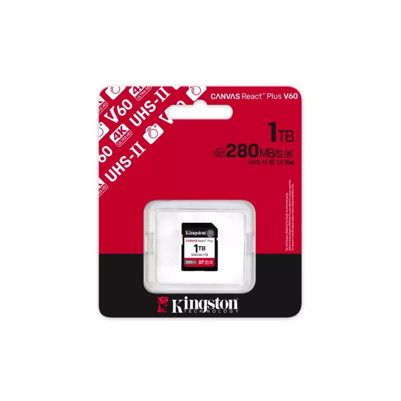 Kingston Technology 1TB Canvas React Plus SDXC UHS-II 280R/150W U3 V60, skirtas Full HD/4K