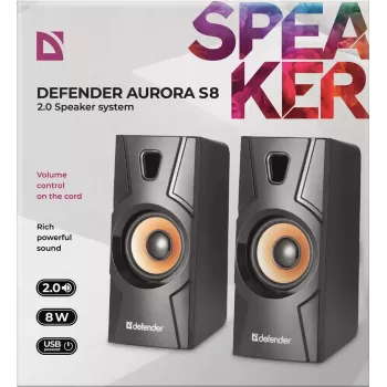 Laidiniai staliniai garsiakalbiai DEFENDER Aurora S8 — 2.0, 8 W RMS, USB maitinimas, 3,5 mm, juodi