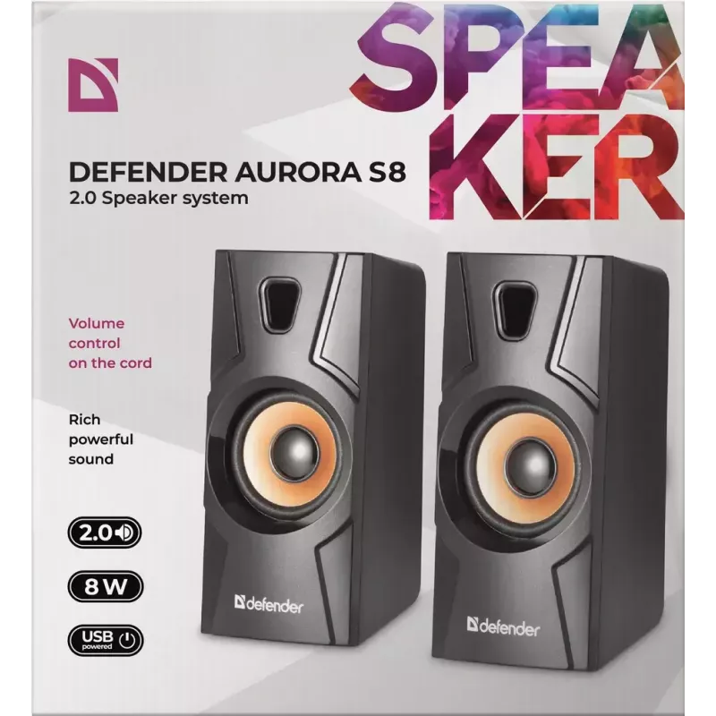 Laidiniai staliniai garsiakalbiai DEFENDER Aurora S8 — 2.0, 8 W RMS, USB maitinimas, 3,5 mm, juodi