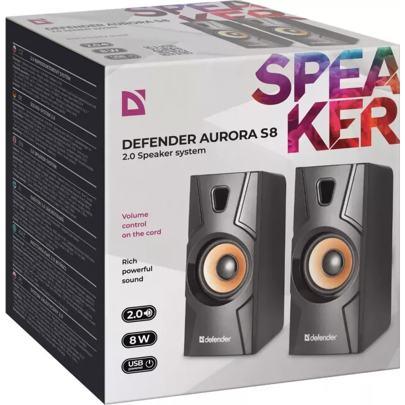 Laidiniai staliniai garsiakalbiai DEFENDER Aurora S8 — 2.0, 8 W RMS, USB maitinimas, 3,5 mm, juodi