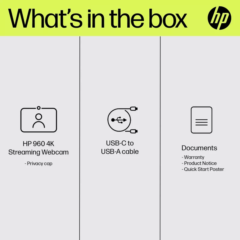 HP 960 4K srautinio transliavimo internetinė kamera, 8 MP, 3840 x 2160 pikselių, 4K Ultra HD, 30 kadrų per sekundę, 5x, Namams