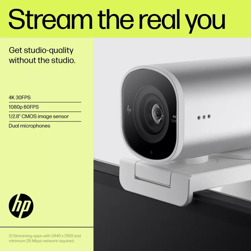 HP 960 4K srautinio transliavimo internetinė kamera, 8 MP, 3840 x 2160 pikselių, 4K Ultra HD, 30 kadrų per sekundę, 5x, Namams