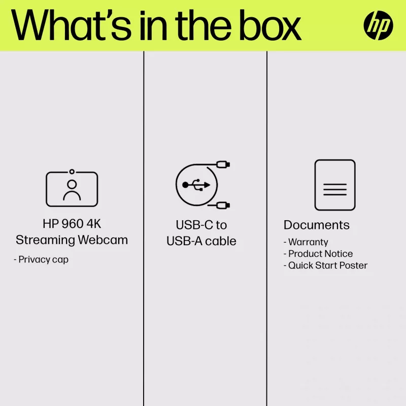 HP 960 4K srautinio transliavimo internetinė kamera, 8 MP, 3840 x 2160 pikselių, 4K Ultra HD, 30 kadrų per sekundę, 5x, Namams