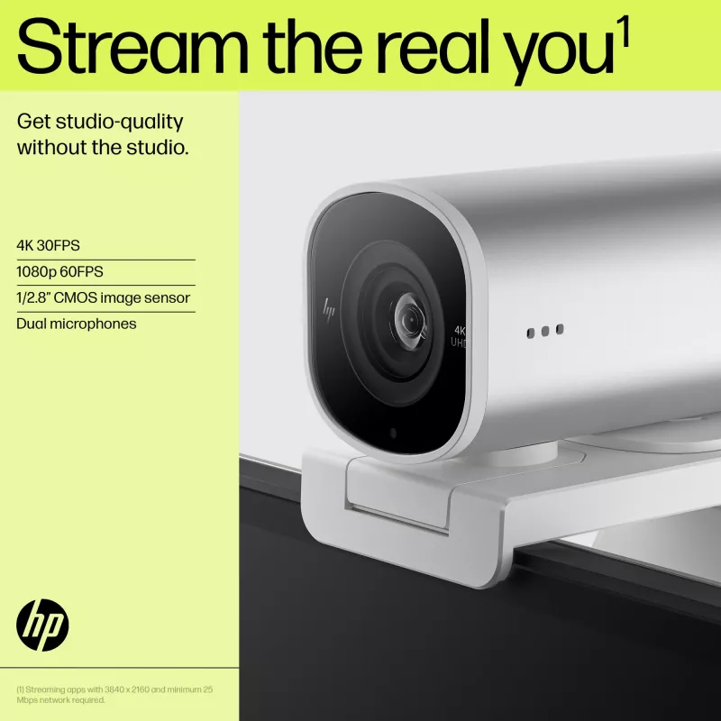 HP 960 4K srautinio transliavimo internetinė kamera, 8 MP, 3840 x 2160 pikselių, 4K Ultra HD, 30 kadrų per sekundę, 5x, Namams