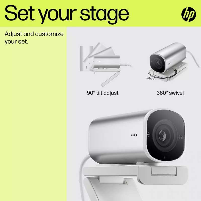 HP 960 4K srautinio transliavimo internetinė kamera, 8 MP, 3840 x 2160 pikselių, 4K Ultra HD, 30 kadrų per sekundę, 5x, Namams