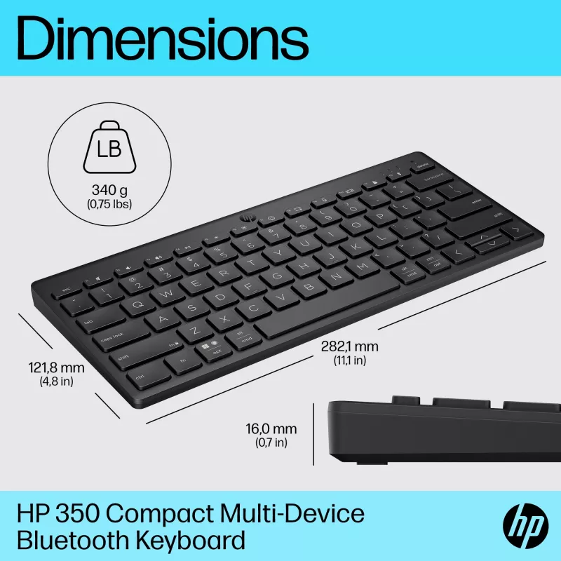 HP 350 kompaktiška kelių įrenginių „Bluetooth“ klaviatūra, belaidė, „Bluetooth“, mechaninė, QWERTY, juoda