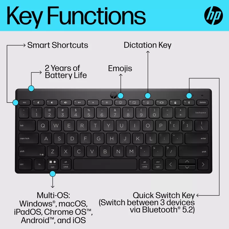 HP 350 kompaktiška kelių įrenginių „Bluetooth“ klaviatūra, belaidė, „Bluetooth“, mechaninė, QWERTY, juoda