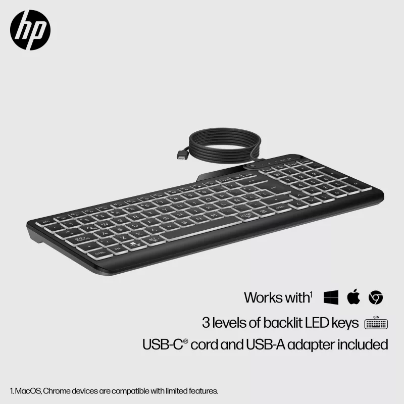 HP 400 apšviesta laidinė klaviatūra, viso dydžio (100%), laidinė, USB, mechaninė, QWERTY, juoda