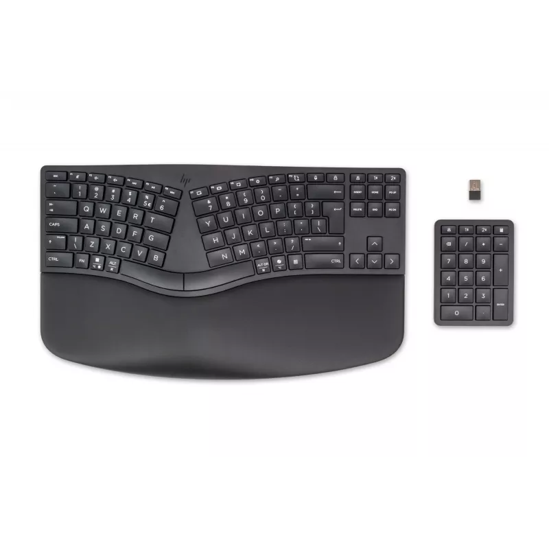 HP 960 ergonomiška belaidė klaviatūra, pilno dydžio (100 %), belaidė, RF belaidė + Bluetooth, membraninė, QWERTY, juoda
