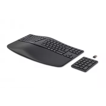 HP 960 ergonomiška belaidė klaviatūra, pilno dydžio (100 %), belaidė, RF belaidė + Bluetooth, membraninė, QWERTY, juoda