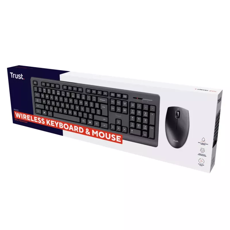 Belaidis klaviatūros ir pelės rinkinys TRUST Primo — pilno dydžio QWERTY US English klaviatūra, RF USB-A imtuvas, 1200 DPI optinė pelė, juoda