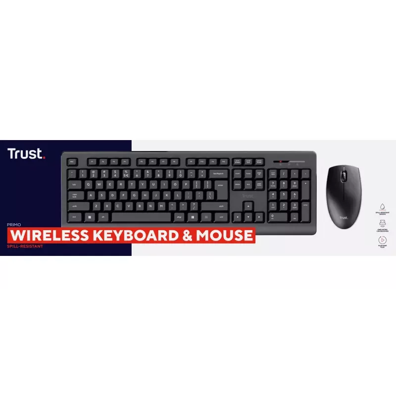 Belaidis klaviatūros ir pelės rinkinys TRUST Primo — pilno dydžio QWERTY US English klaviatūra, RF USB-A imtuvas, 1200 DPI optinė pelė, juoda