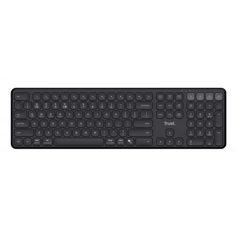 Klaviatūra TRUST Vaiya Universal USB RF Wireless Bluetooth — pilno dydžio JAV anglų k., USB-C įkrovimas, žirkliniai klavišai, skaitmenų klaviatūra, juoda