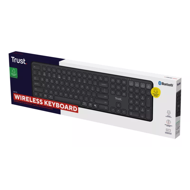 Klaviatūra TRUST Vaiya Universal USB RF Wireless Bluetooth — pilno dydžio JAV anglų k., USB-C įkrovimas, žirkliniai klavišai, skaitmenų klaviatūra, juoda