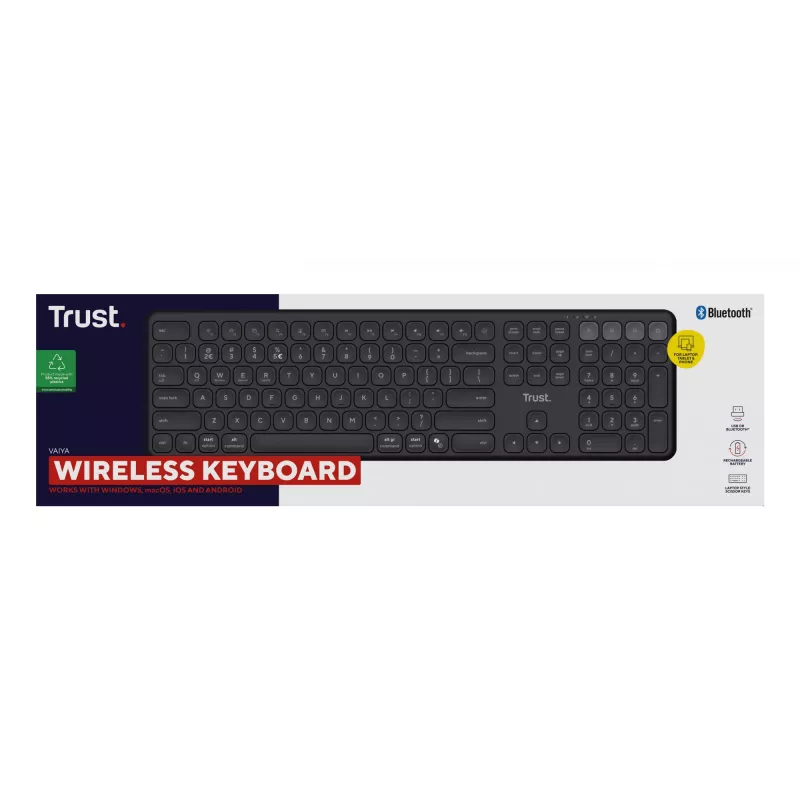 Klaviatūra TRUST Vaiya Universal USB RF Wireless Bluetooth — pilno dydžio JAV anglų k., USB-C įkrovimas, žirkliniai klavišai, skaitmenų klaviatūra, juoda