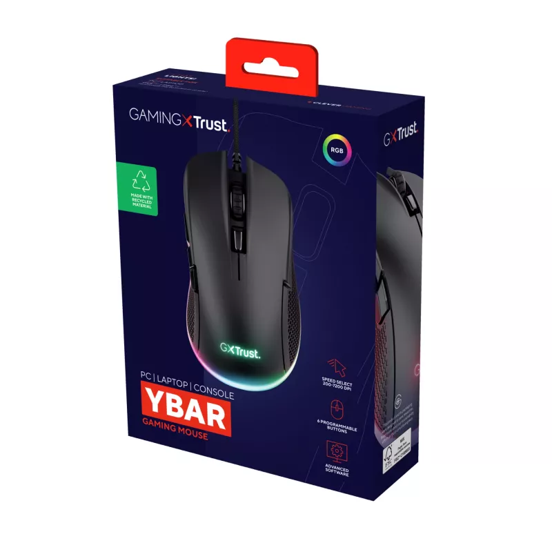 Trust GXT 922 YBAR pelė, skirta žaidimams, dešiniarankiams, USB Type-A, optinė, 7200 DPI
