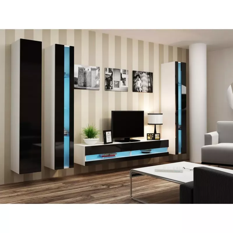 Ant sienos montuojamas lentynų blokas cama meble VIGO NEW 180×40×30 cm baltas/juodas blizgus