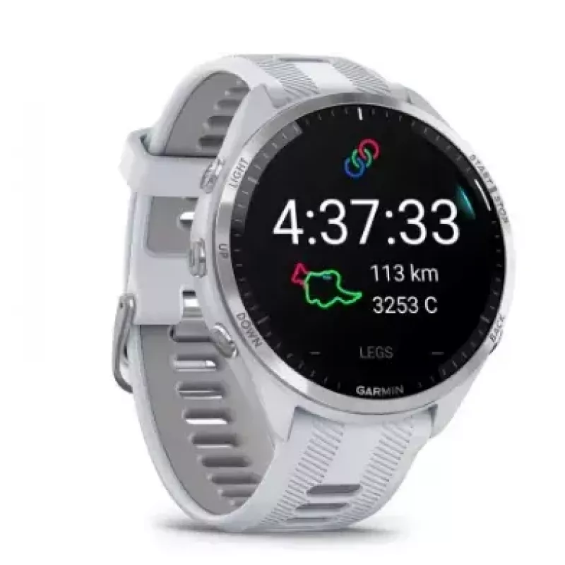 Išmanusis laikrodis GARMIN Forerunner 965 — 47 mm titano korpusas, 1,4 colio AMOLED, 32 GB, 23 dienų baterija, GPS/GLONASS/Galileo, baltas silikoninis dirželis