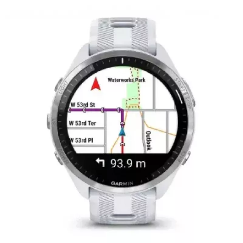 Išmanusis laikrodis GARMIN Forerunner 965 — 47 mm titano korpusas, 1,4 colio AMOLED, 32 GB, 23 dienų baterija, GPS/GLONASS/Galileo, baltas silikoninis dirželis