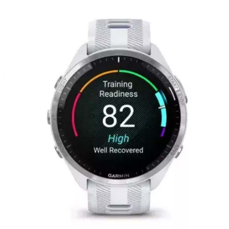 Išmanusis laikrodis GARMIN Forerunner 965 — 47 mm titano korpusas, 1,4 colio AMOLED, 32 GB, 23 dienų baterija, GPS/GLONASS/Galileo, baltas silikoninis dirželis